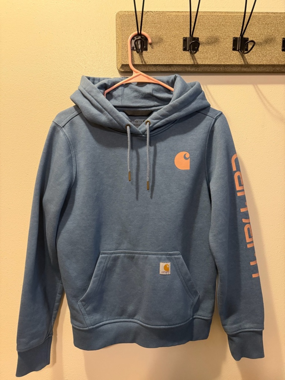 Carhartt Light Blue Crewneck Hoodie with Pink Logo Accents